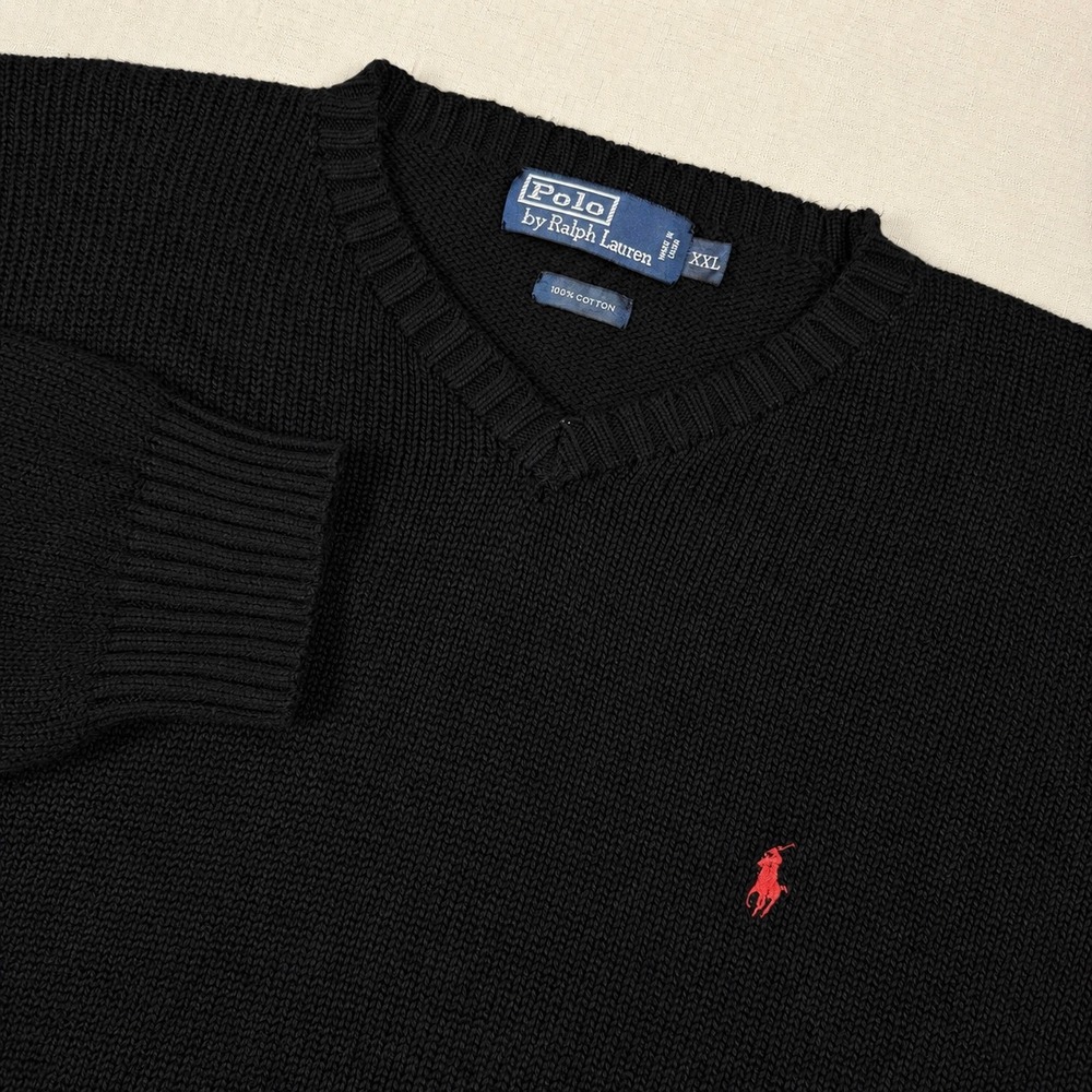 Polo Ralph Lauren Mens XXL Black V-Neck 100% Cotton Knit Sweater Red Pony Logo